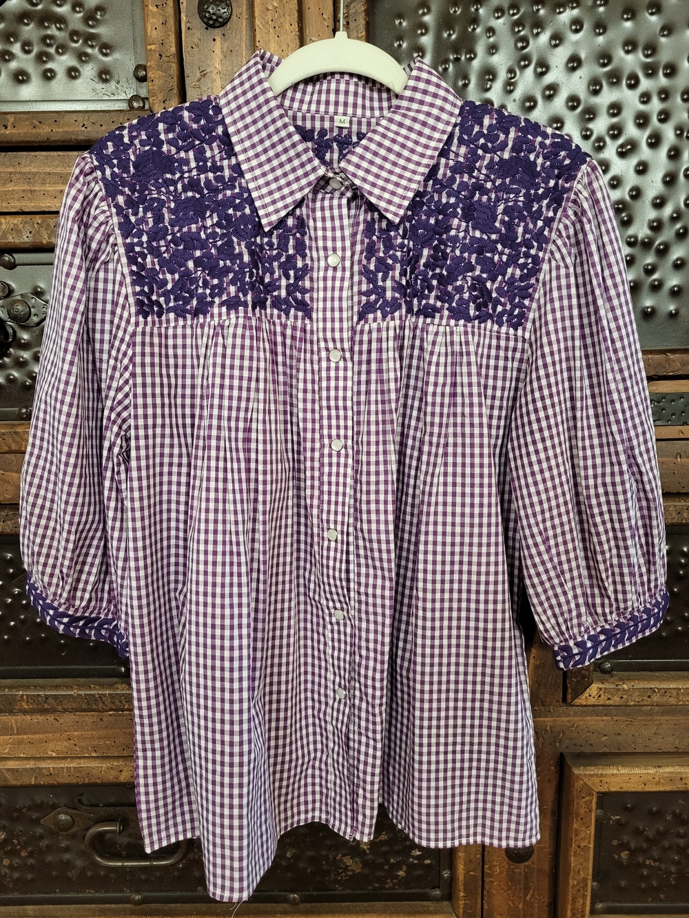 Spirit Dress TCU Purple Gingham Button-Down Shirt with Embroidered Yoke